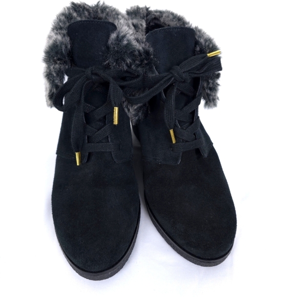 Cole Haan Coralie Black Suede Wedge waterproof Faux Fur boots 8.5B - Picture 2 of 10